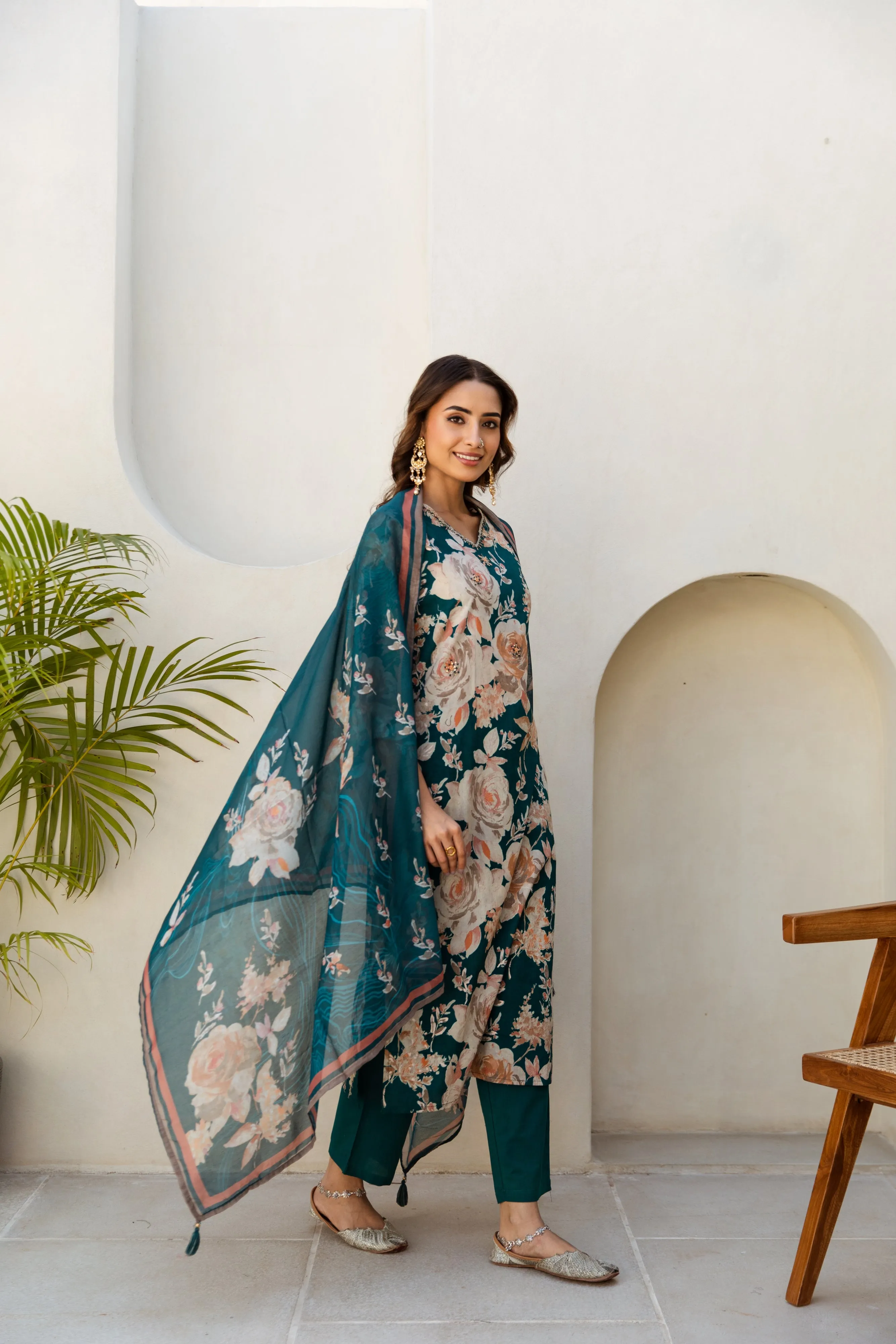 Women's Green Cotton Kurta, Pant  and Dupatta Set