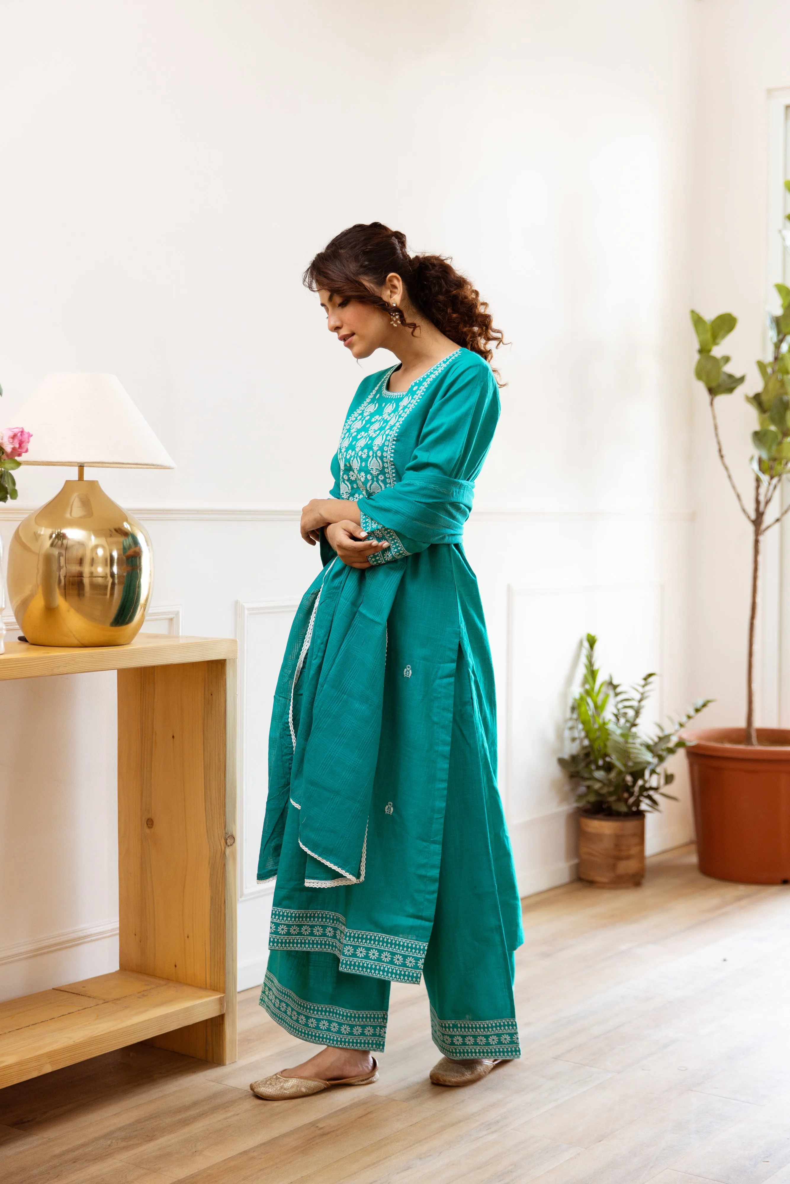 Women's Green Cotton Slub Kurta, Palazzo and Dupatta Set