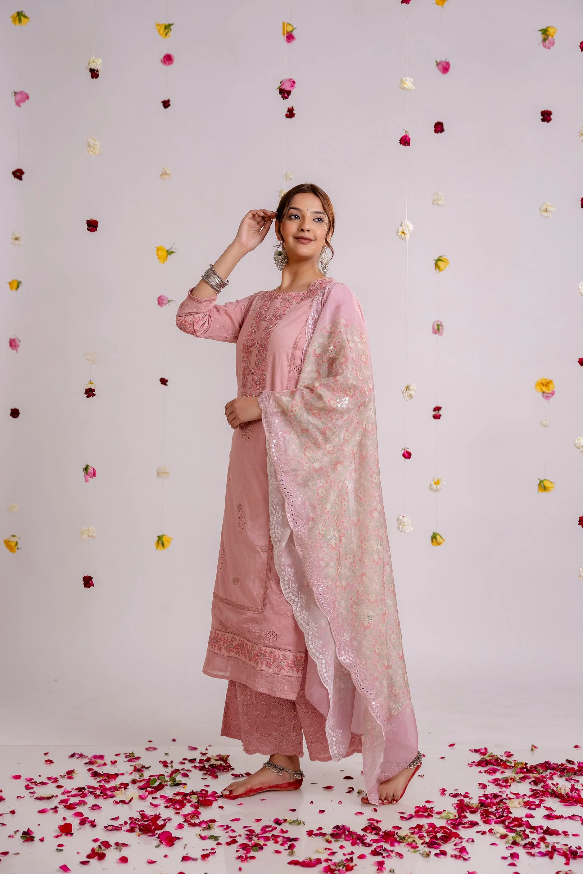 Women's Pink Cotton Kurta Palazzoand Dupatta Set