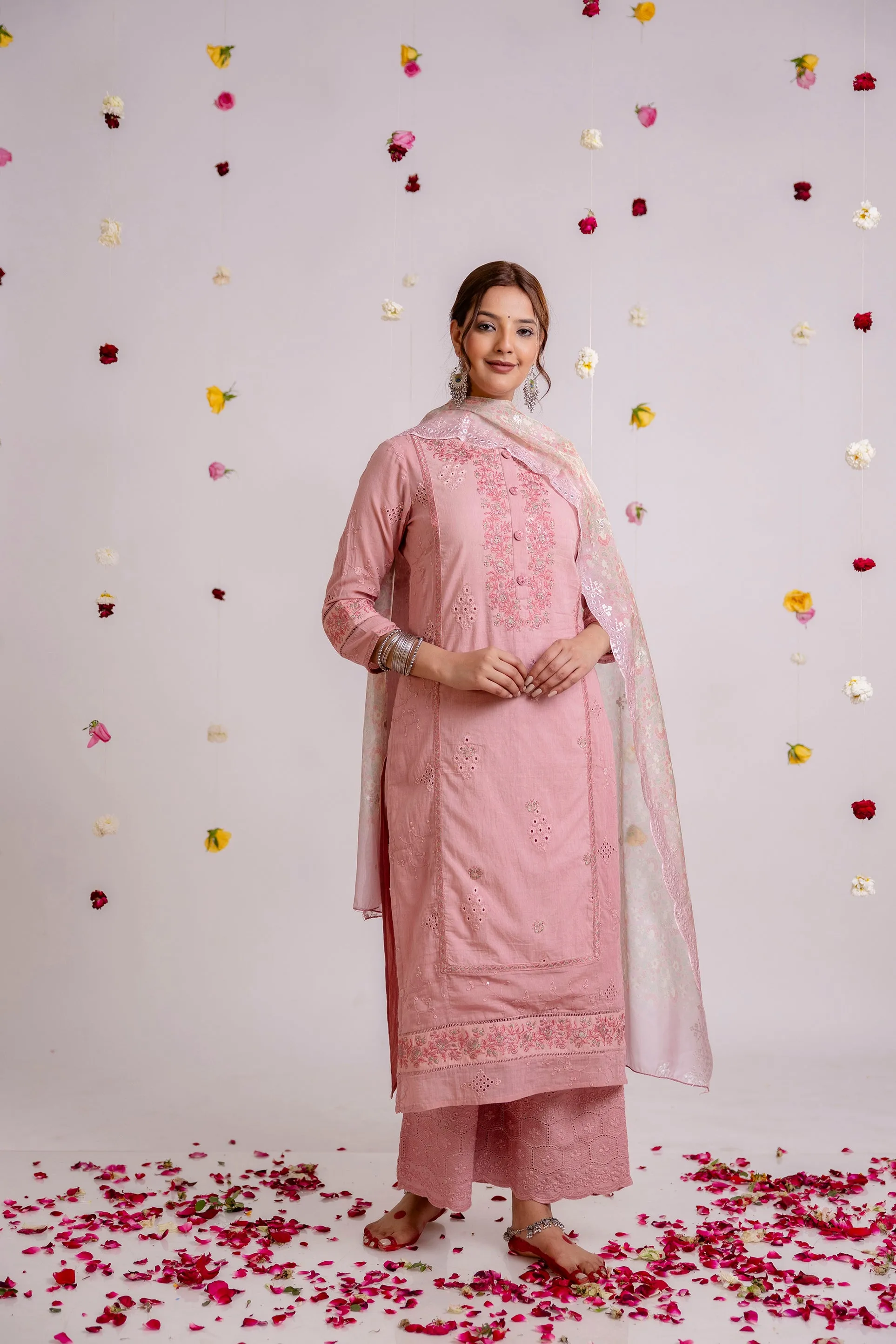 Women's Pink Cotton Kurta Palazzoand Dupatta Set