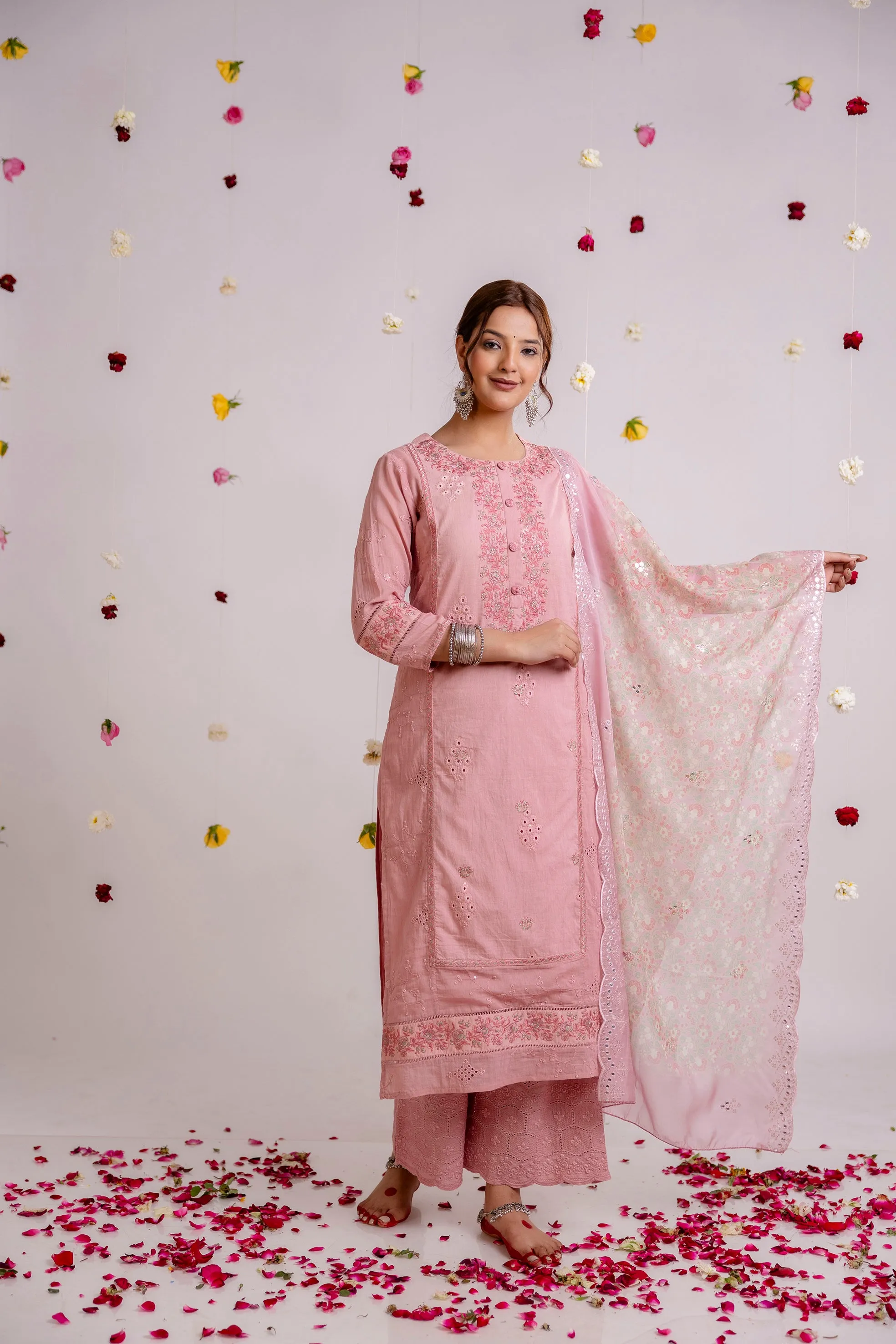 Women's Pink Cotton Kurta Palazzoand Dupatta Set