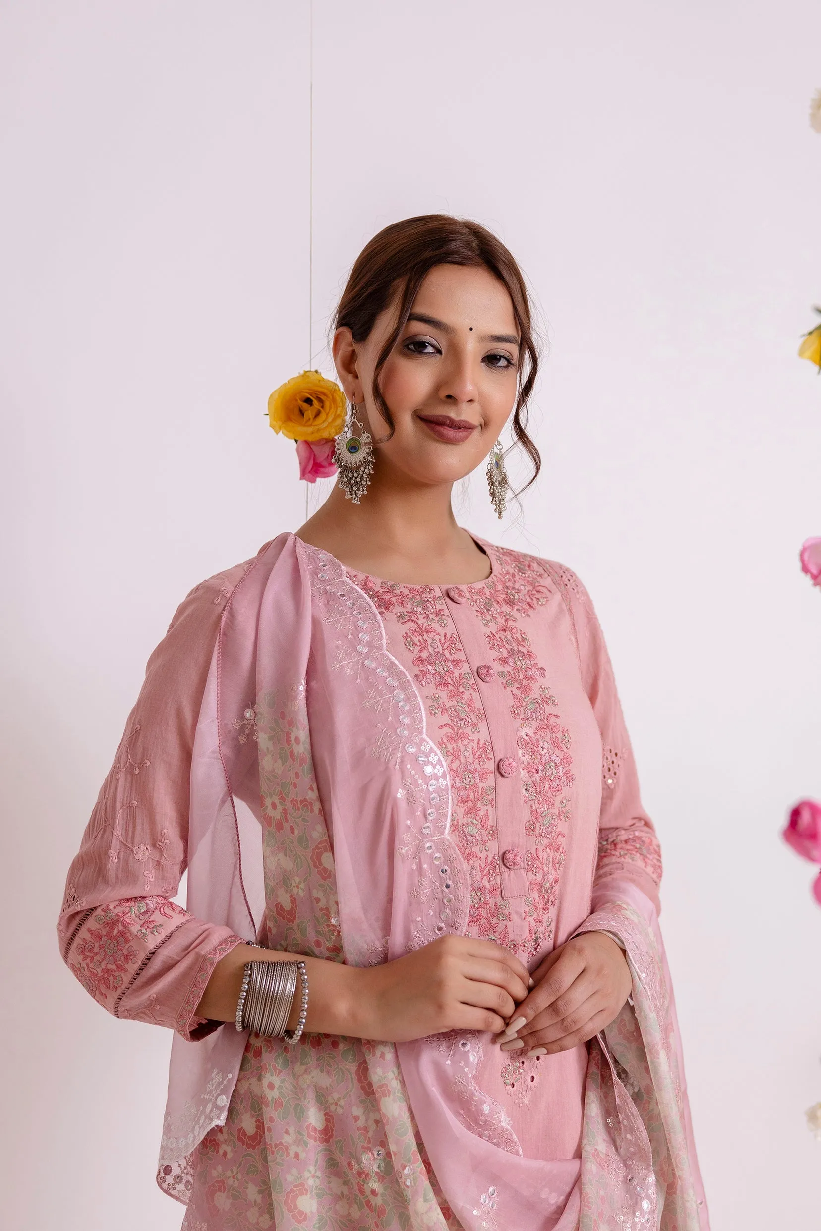 Women's Pink Cotton Kurta Palazzoand Dupatta Set