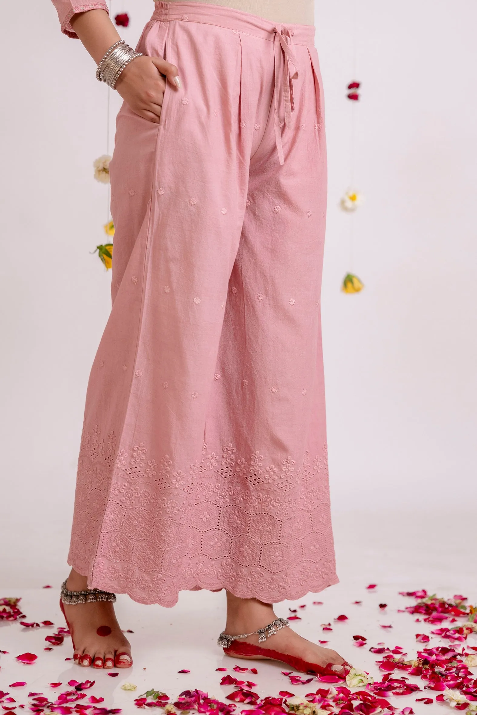 Women's Pink Cotton Kurta Palazzoand Dupatta Set