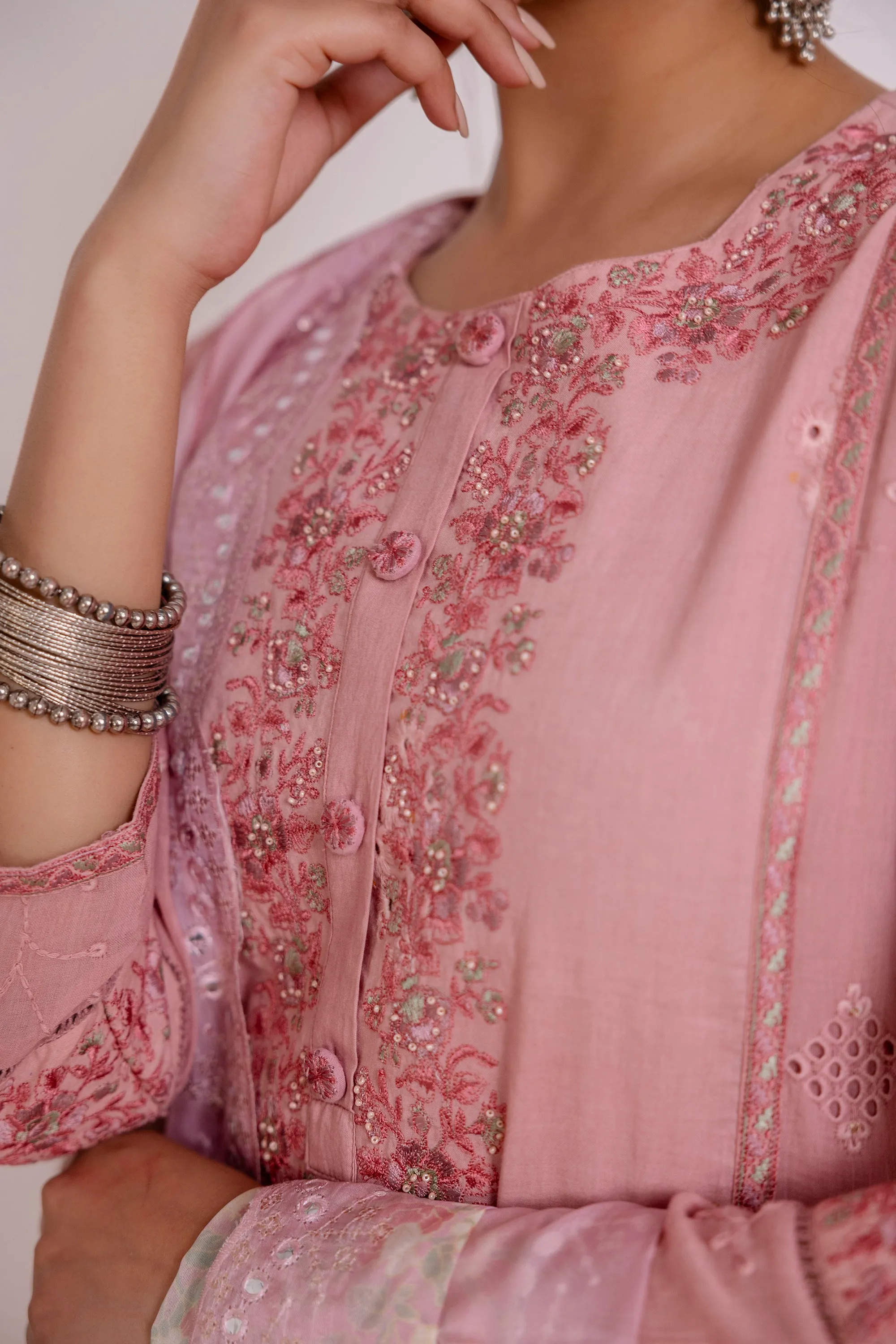 Women's Pink Cotton Kurta Palazzoand Dupatta Set