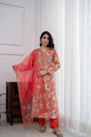 Women's Pink Straight Kurta Pant and Dupatta Set
