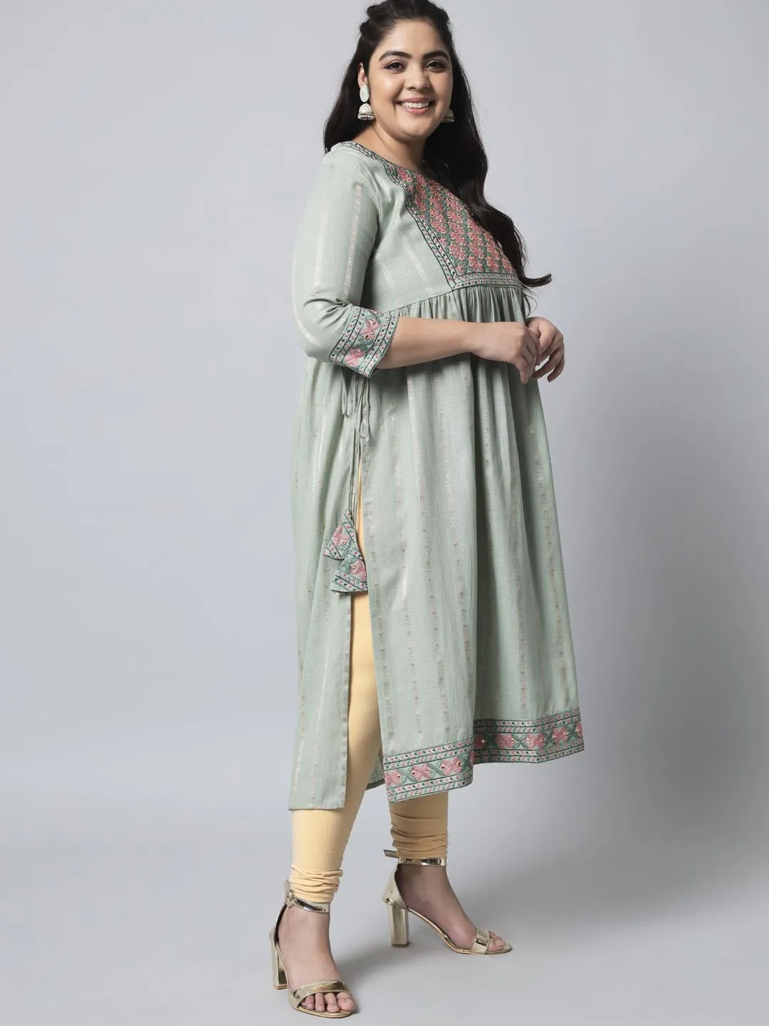 Women's Pista Green Cotton Blend Nyara Cut A-Line Kurta