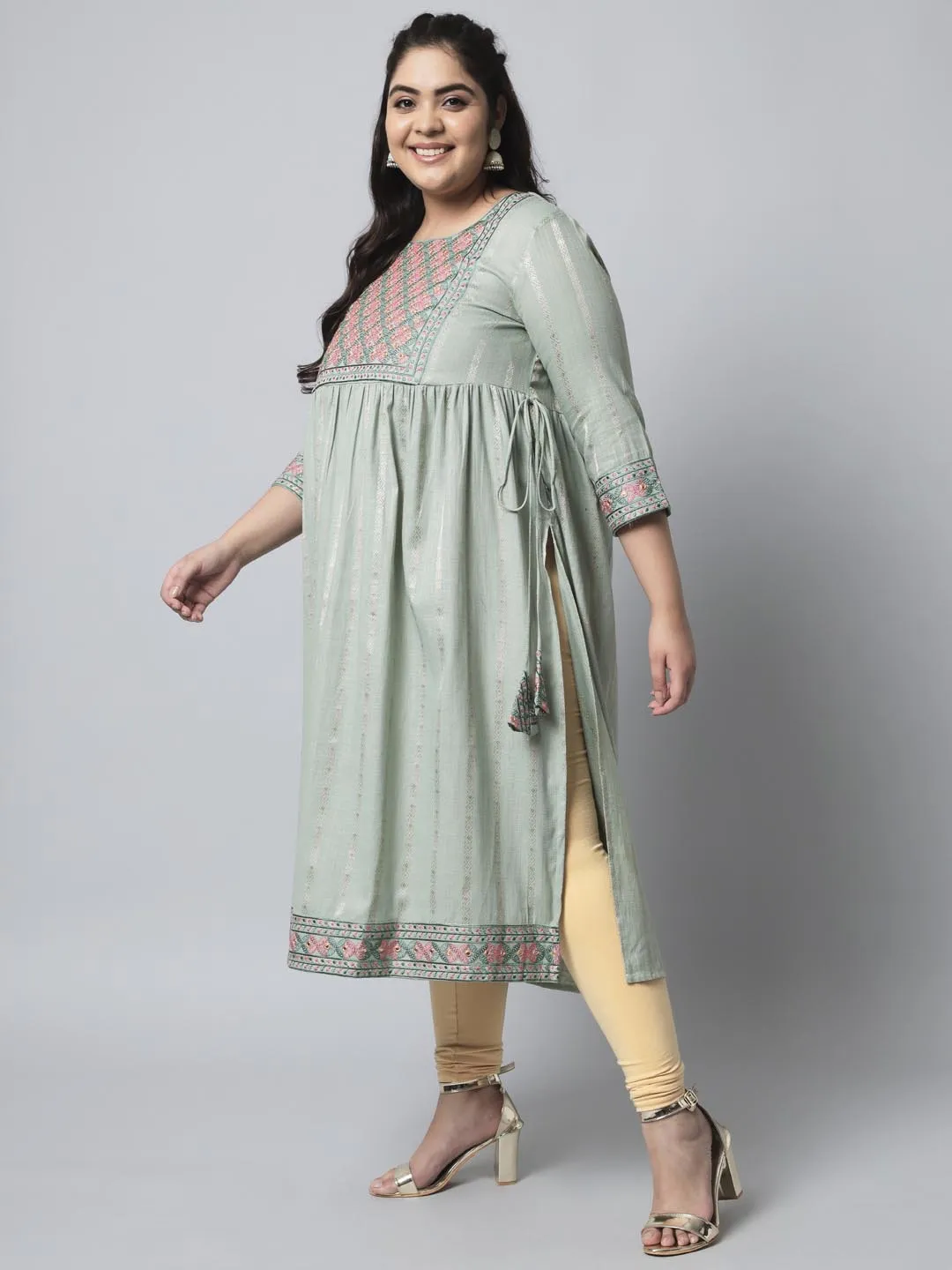 Women's Pista Green Cotton Blend Nyara Cut A-Line Kurta