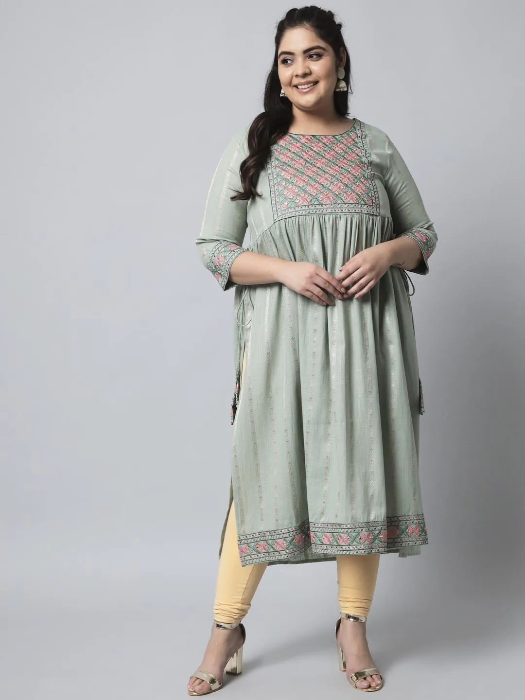 Women's Pista Green Cotton Blend Nyara Cut A-Line Kurta