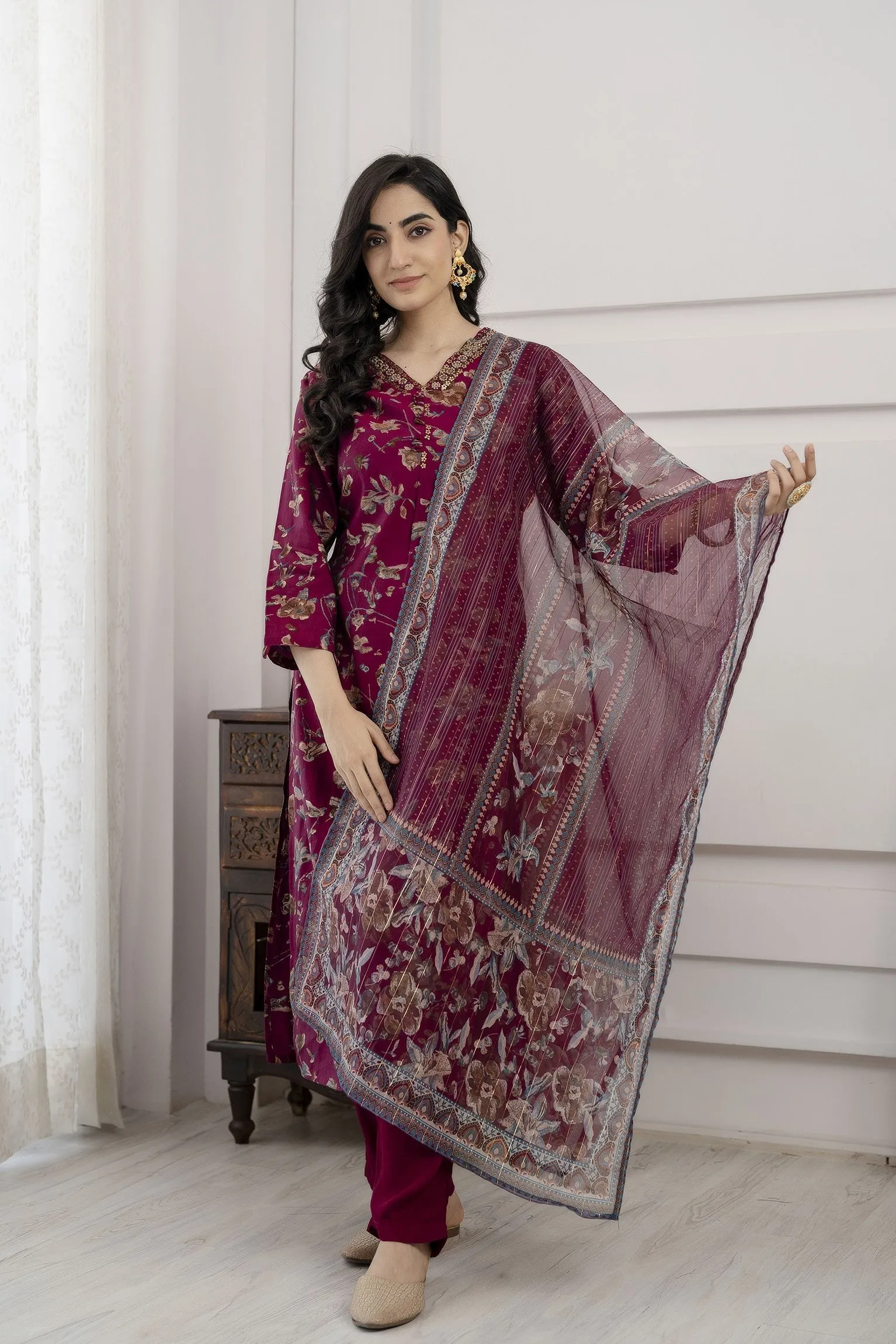 Women's Purple Straight Kurta Afghani Salwar and Dupatta Set