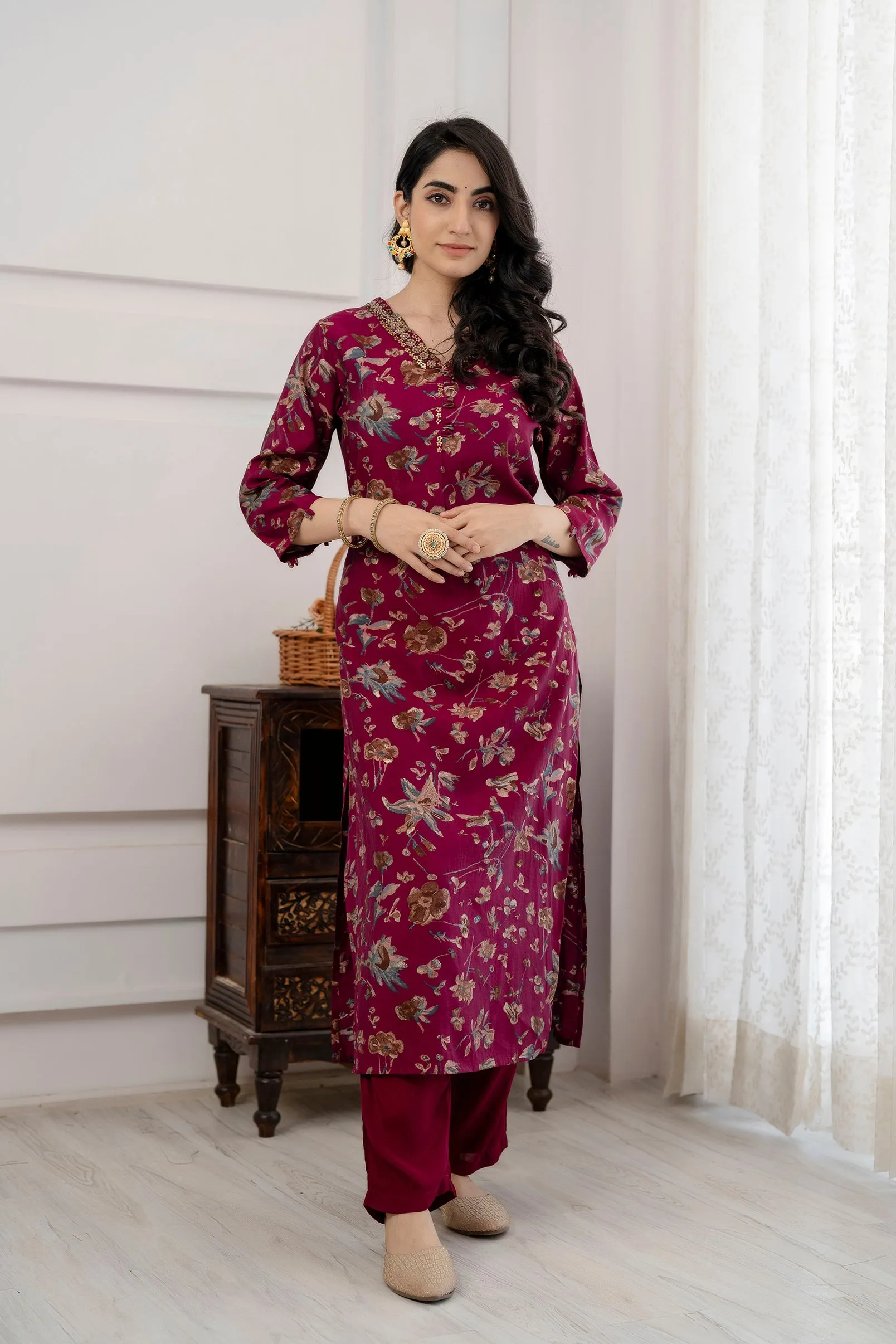 Women's Purple Straight Kurta Afghani Salwar and Dupatta Set