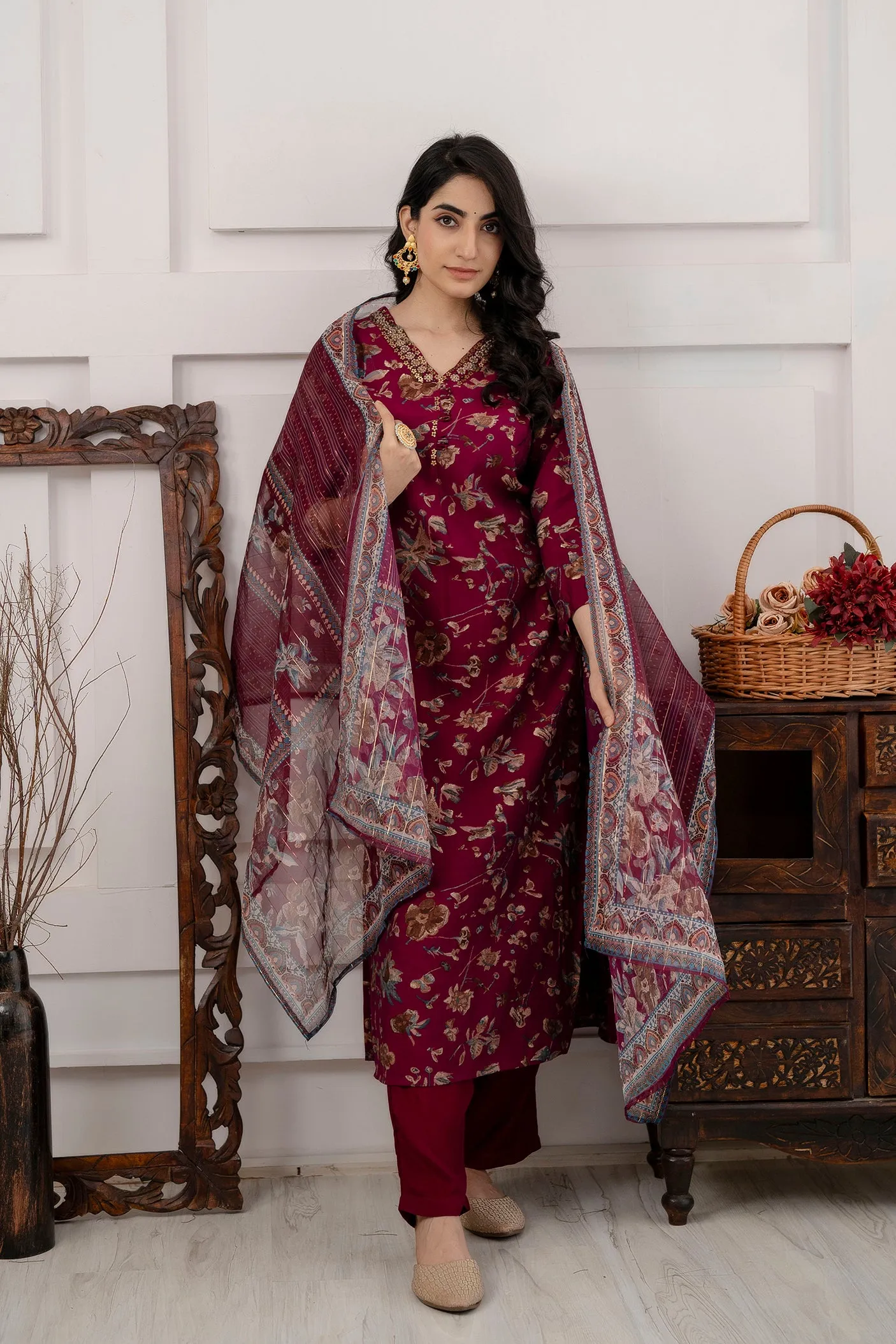 Women's Purple Straight Kurta Afghani Salwar and Dupatta Set