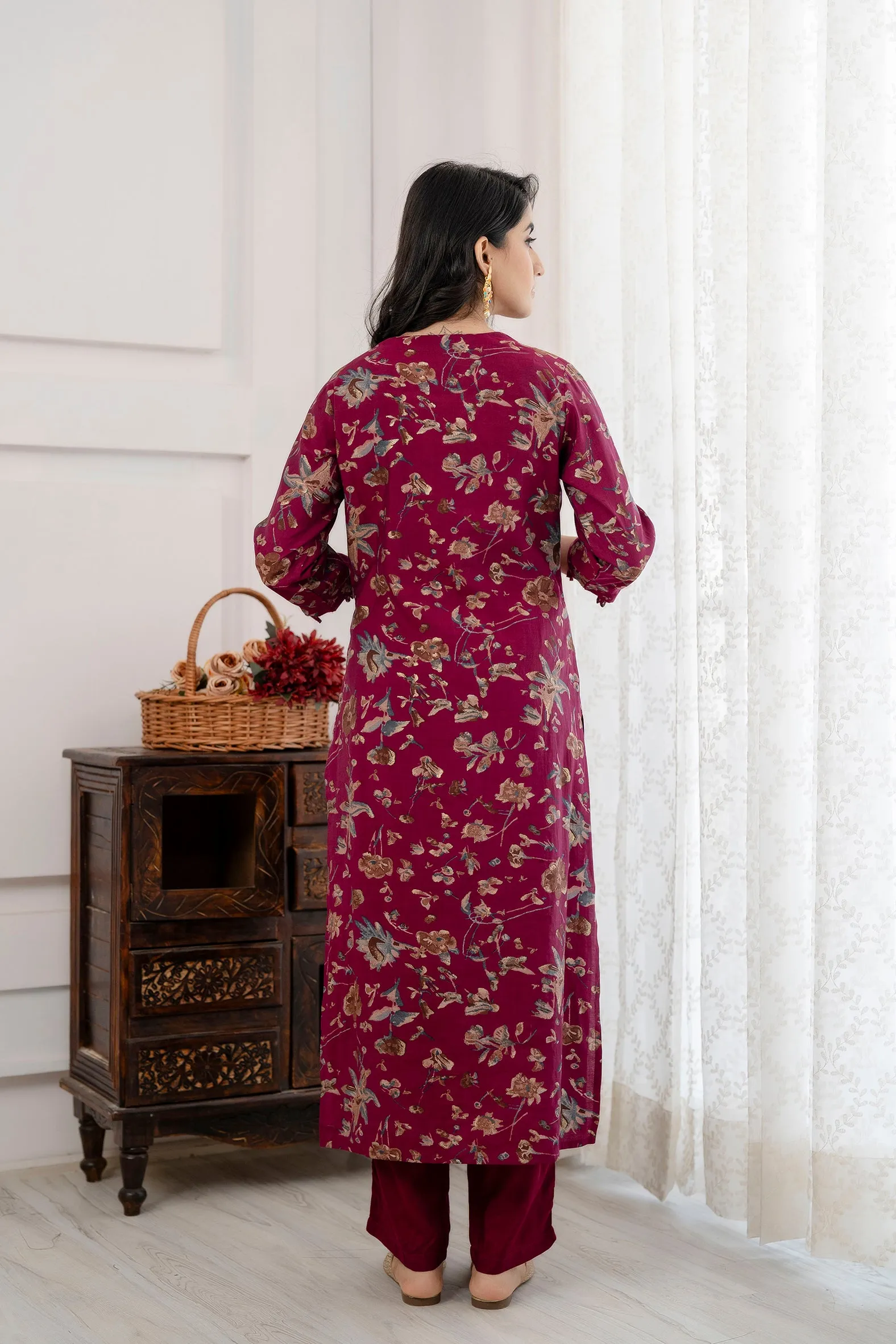 Women's Purple Straight Kurta Afghani Salwar and Dupatta Set