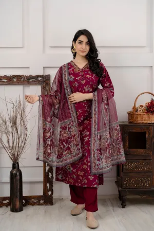 Women's Purple Straight Kurta Afghani Salwar and Dupatta Set