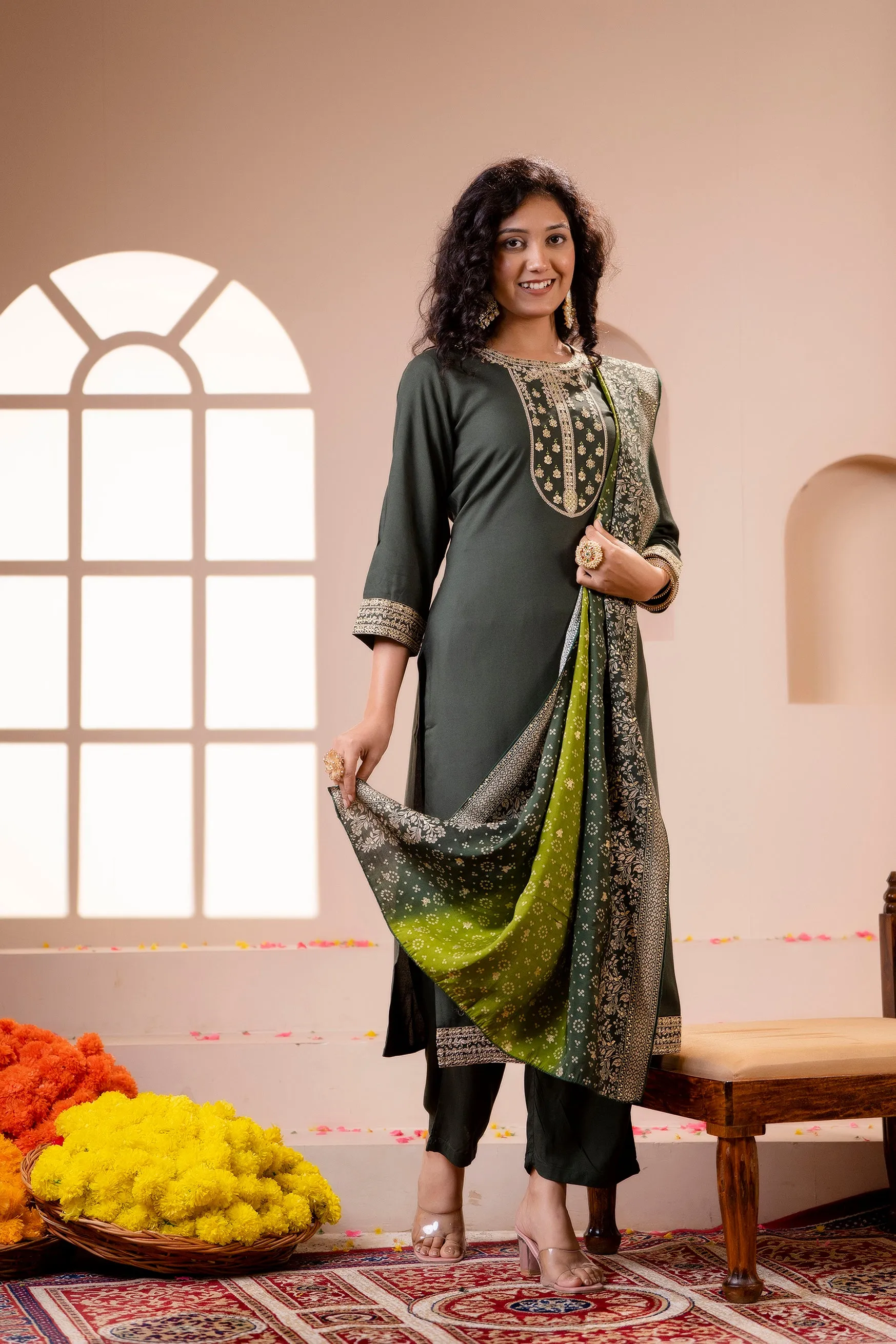 Women's Rayon Rama Green Straight Kurta Palazzo and Dupatta Set