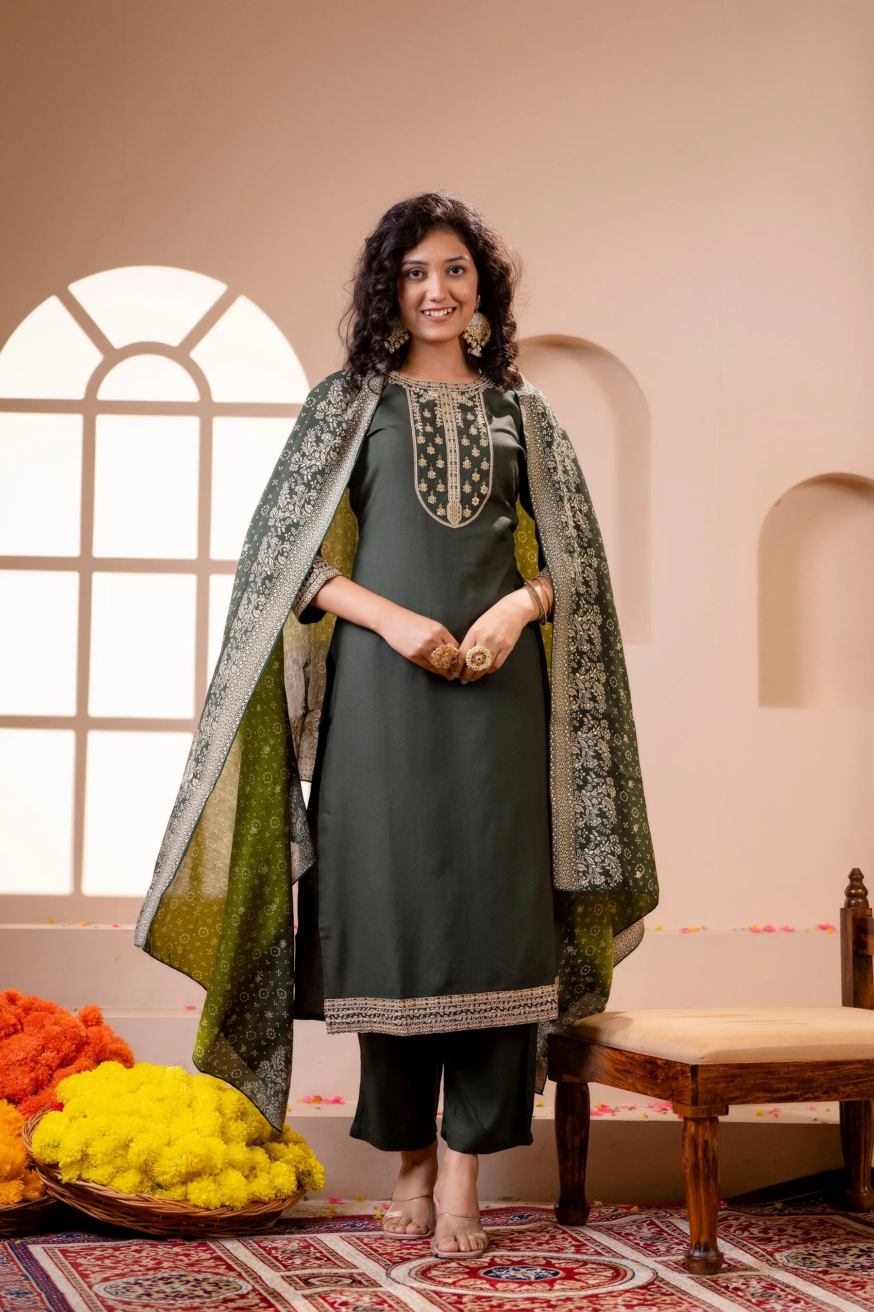 Women's Rayon Rama Green Straight Kurta Palazzo and Dupatta Set