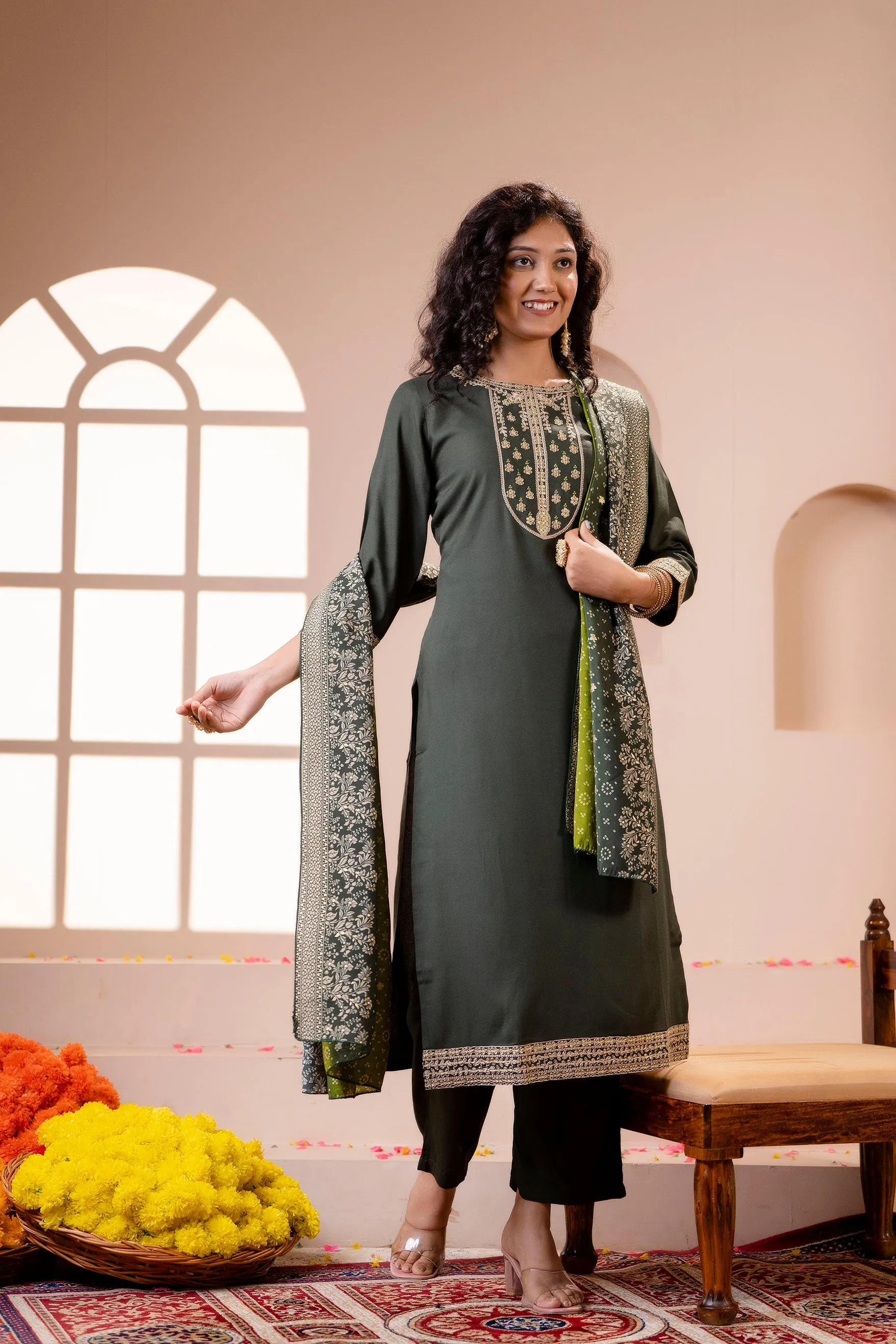 Women's Rayon Rama Green Straight Kurta Palazzo and Dupatta Set