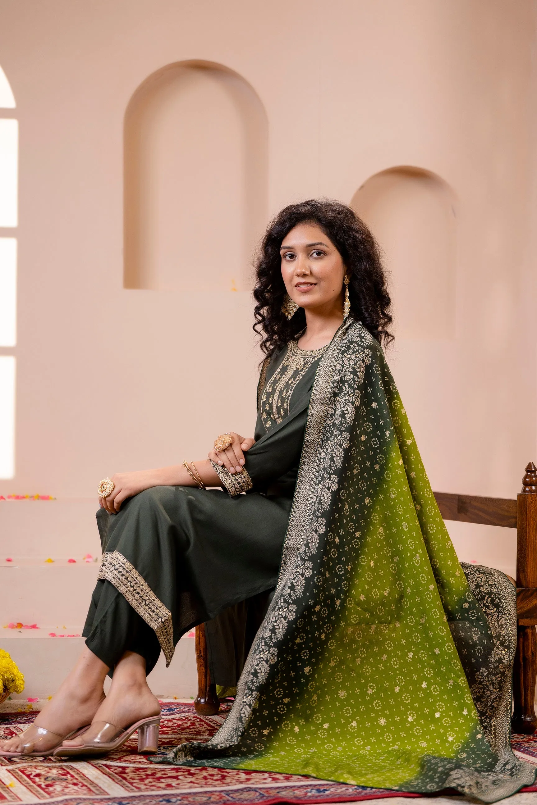 Women's Rayon Rama Green Straight Kurta Palazzo and Dupatta Set