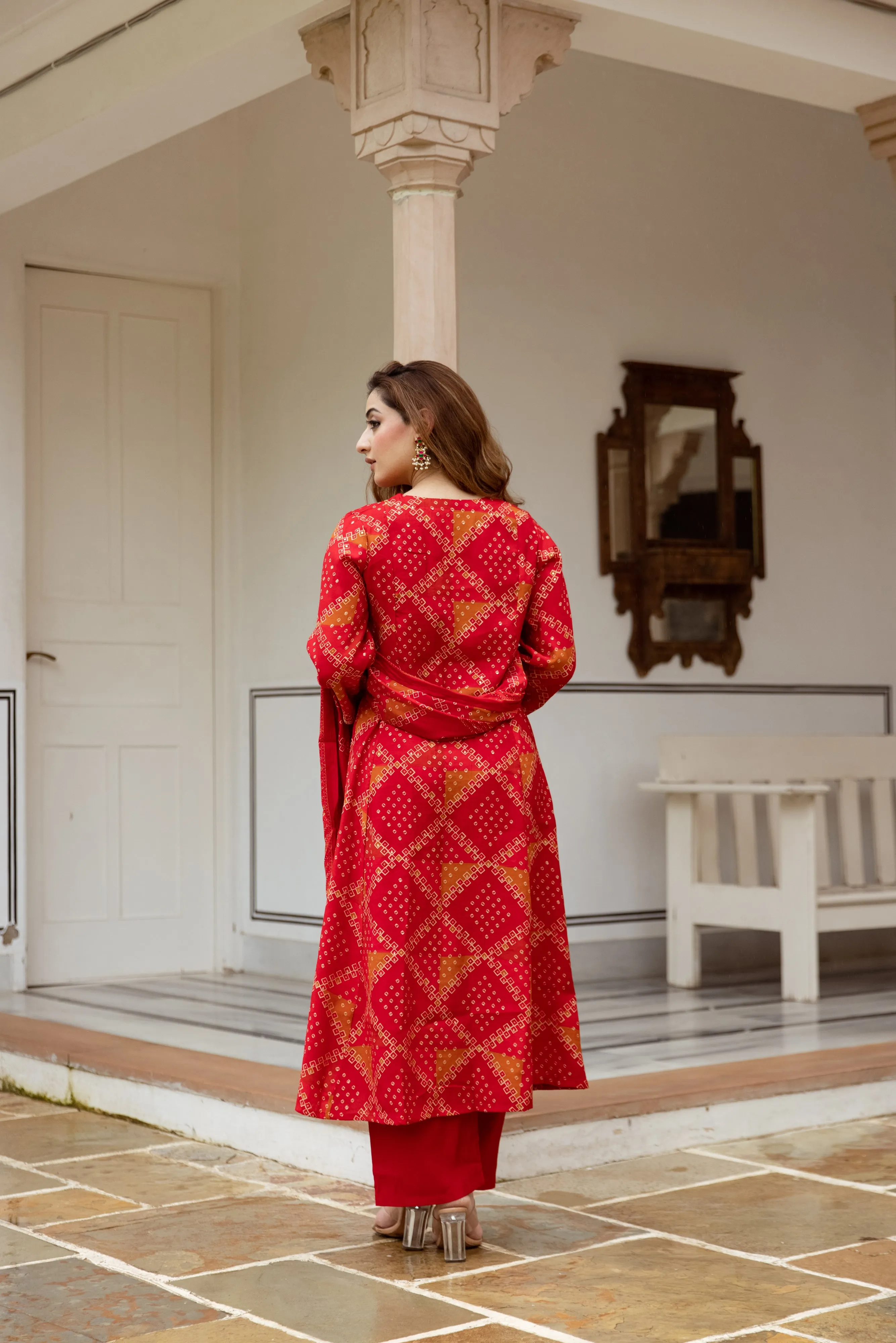 womens Red Modal Muslin Kurta Palazzo and Dupatta Set
