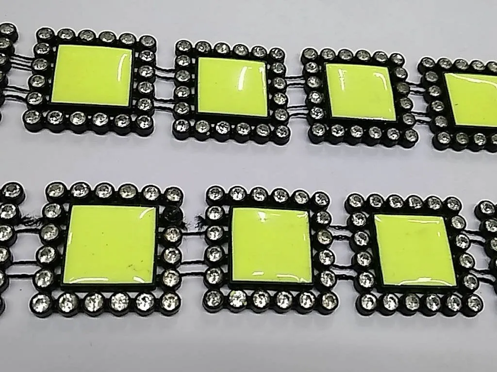 Yellow Square Stone Studded Plastic Lace with Enamel Fill- 25x25 mm